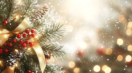 Aufkleber - Sparkling Christmas Tree Branch with Berries and Gold Ribbons in a Magical Winter Snowfall Scene : Generative AI