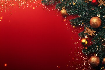Aufkleber - Golden Holiday Ornaments on Red Background with Pine Tree Branches and Sparkling Glitter : Generative AI