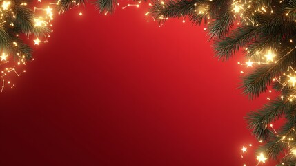 Poster - Festive Christmas Background with Pine Branches and Glowing Warm Lights on Red Surface : Generative AI