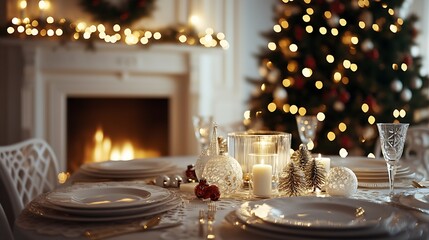 Poster - Cozy Elegant Christmas Dining Table Setting with Candles and Tree in Background : Generative AI
