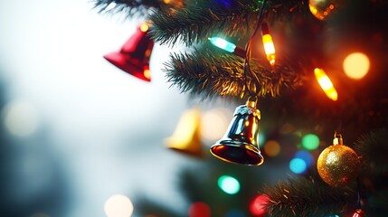 Aufkleber - Close-Up of Colorful Christmas Bells and Lights on a Festive Tree : Generative AI