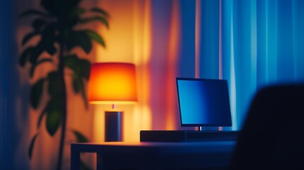Leinwandbilder - Cozy Home Office Setup with Modern Desk Lamp and Computer at Dusk : Generative AI