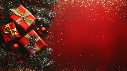 Poster - Red Christmas Background with Decorative Gifts and Berries : Generative AI