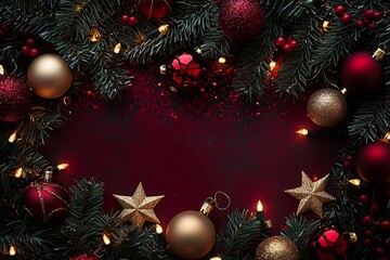 Aufkleber - Festive Christmas Garland with Green Pine Wreath and Red Gold Ornaments Illuminated by Warm Lights : Generative AI