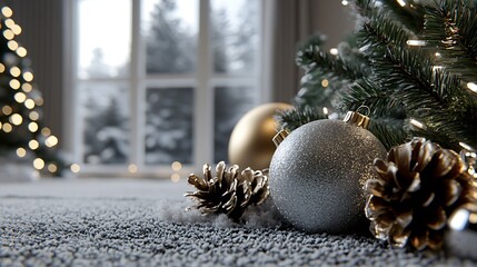 Aufkleber - Elegant Christmas Decorations with Pine Cones Ornaments and Twinkling Lights on a Cozy Snowy Day : Generative AI