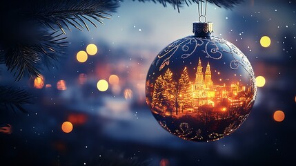 Aufkleber - Glowing Christmas Ornament with Cityscape Reflection Amidst Festive Lights : Generative AI