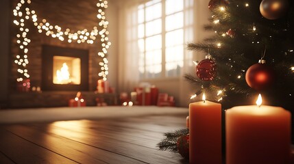 Aufkleber - Enchanting Christmas Scene by a Fireplace with Glowing Candles and Tree : Generative AI