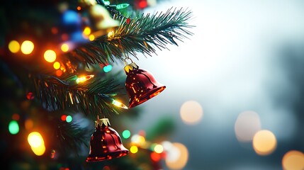 Poster - Vibrant Red Christmas Bells Hanging on Illuminated Christmas Tree : Generative AI