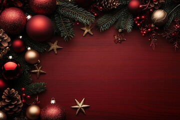 Aufkleber - Festive Christmas Ornaments on Red Background with Pinecones and Stars : Generative AI