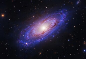Aufkleber - Spiral galaxy with bright stars and dark space in the background, digital rendering of galaxy in deep blue tones, stars glow against blackness