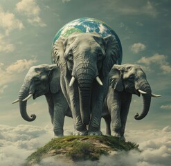 Aufkleber - The planet Earth is supported on the backs of three elephants.