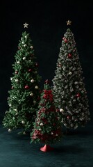 Wall Mural - Festive trio of decorated Christmas trees standing tall against a dark background, showcasing varied styles from traditional to modern holiday decor.