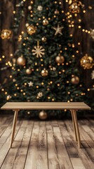 Wall Mural - Festive wooden table against a beautifully decorated Christmas tree backdrop, creating a warm and inviting holiday atmosphere perfect for seasonal displays or photography.