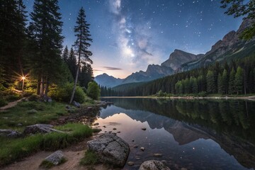 Wall Mural - Serene Night Photography of a Tranquil Forest Lake Landscape in the Carpathian Mountains Under a Starry Sky with Reflections on the Water and Lush Surrounding Nature