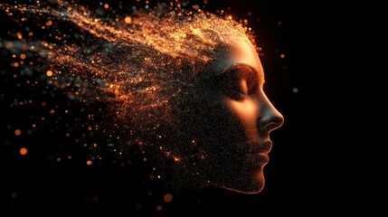 Wall Mural - A woman's face is formed from particles of light, with her hair flowing out in a stream of sparks.