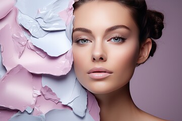 Beauty portrait of a girl in purple colors with a palette of powders