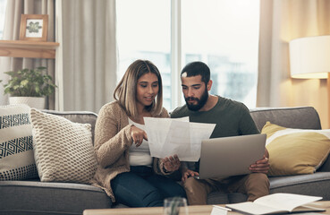 Wall Mural - Home, couple and reading document on sofa for house insurance and investment options. Apartment, people and smile on discussion with paperwork on couch in living room for loan and mortgage deals