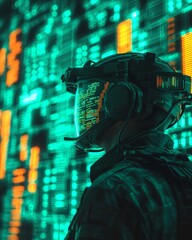 a soldier in futuristic gear stands against a digital backdrop, featuring glowing data streams and h