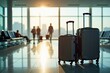 ©  S u n n y B u n n y - Travelers with luggage at modern airport terminal in silhouette.