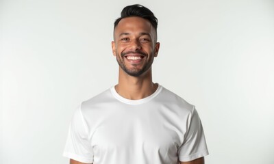 Brutal man in white T-shirt smiles and looks at the camera on white background. Concept of happiness and positivity