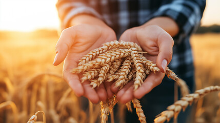 Wall Mural - Farmer holding ripe wheat grains in hands in a golden field, symbolizing agriculture, harvest, and natural abundance.