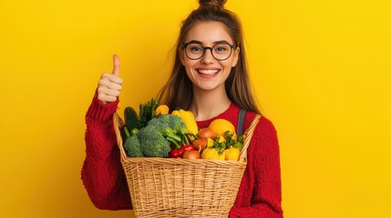 Happy Woman Holding Fresh Vegetables and Fruits