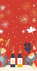Wall Mural - festive illustration with oil lamps and fireworks on red background