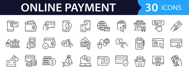 Online payment set of web icons in line style. Payment linear icon collection. Containing cashless wallet, e-wallet, money transfer, banking, credit card, cash, transaction more. Editable stroke