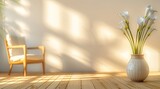 armchair and a vase with white calla lily flowers in empty room
