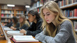 © pichitpon - Focused Study in the Library: Young women diligently studying in a serene library setting, surrounded by rows of bookshelves.  A captivating scene of academic focus and intellectual pursuit.
