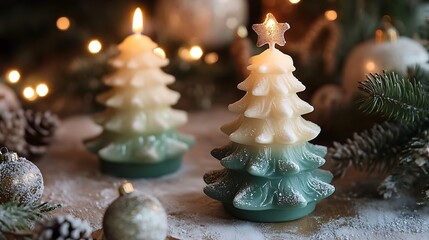 Canvas Print - Two lit Christmas tree candles with a star topper and sprinkled with faux snow on a wooden surface.