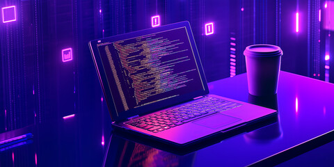 Purple tech style, laptop showing code