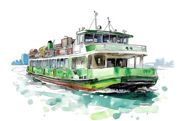 Watercolor drawing picture of Victoria Harbour at Hong Kong.
