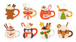 © tanyabosyk - Christmas hot drink set. Flat cartoon different beverages. Holiday cute mugs hot cocoa, coffee, milk, cream and mulled wine. New year drinks decorated holly and candy. Isolated vector illustration