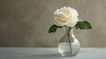 Poster - A single white rose in a clear glass vase, placed on a light gray surface, capturing elegance and simplicity in a minimalist style. No text, no logo, wide angle shot, cinematic scene, 4k resolution