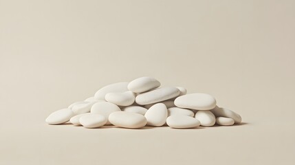 Aufkleber - A plain beige background with a small pile of white pebbles arranged neatly, focusing on natural textures in a minimalist style. No text, no logo, wide angle shot, cinematic scene, 4k resolution