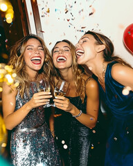 hree friends joyfully celebrating New Year’s Eve, dressed in sparkling outfits, holding wine glasses, laughing together under festive confetti and warm, vibrant lights.