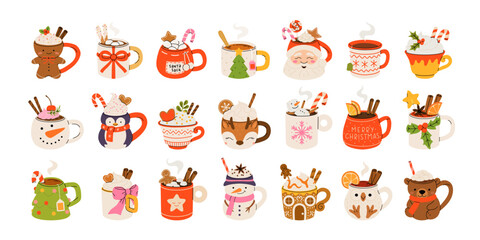 Christmas hot drink big collection. Flat cartoon beverages. Holiday cute mugs with hot cocoa, coffee, and mulled wine. New year drinks decorated with sweets and candy. Isolated vector illustration