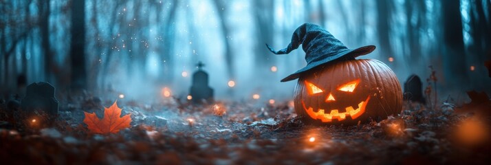 Halloween holiday carved pumpkin wearing witch hat closeup view