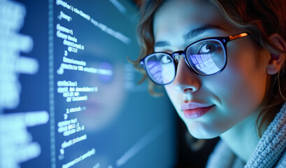 portrait of a programmer with glasses near the screen with the program code