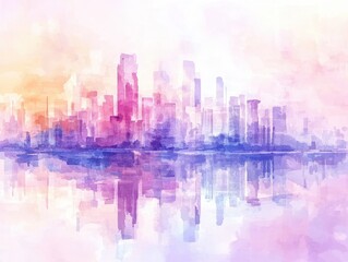 Abstract watercolor background with reflection of the city in the water