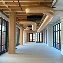 Poster - A modern, spacious office interior features large windows, wooden beams, and metallic ducts, creating an open and inviting work environment.