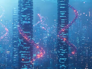 Sticker - A futuristic city skyline with skyscrapers shaped like DNA strands glowing with data symbolizing the of DNA data storage into modern urban