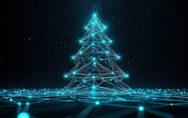 A glowing digital Christmas tree made of bright blue lines and dots, set against a dark starry background during the festive season