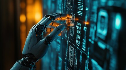 A robotic hand interacts with a futuristic interface, displaying data and information.
