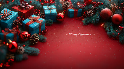 A Christmas background featuring gifts and decorations on a vibrant red backdrop, evoking the warmth and festive spirit of the holiday season, with beautifully wrapped presents, shiny ornaments, and s