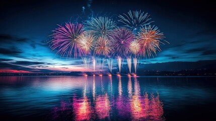 Wall Mural - A colorful fireworks display over a seaside kingdom with the reflections glowing on the water below The scene is filled with vibrant colors creating a magical celebration by the sea A peaceful 