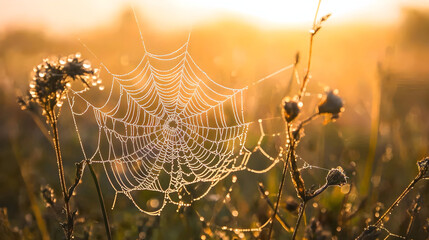 A close-up of a dew-covered spider web glistens in the morning light, capturing the intricate patterns and delicate beauty of nature