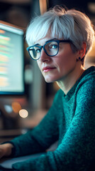 A middle-aged white female programmer with short white hair and glasses focused on coding at a computer in a dimly lit environment
