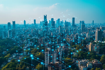new delhi city with skyscrapers view, digital data stream connecting concept, smart urban developmen